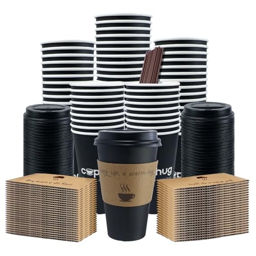 cuphug 16 oz Disposable Coffee Cups with Lids Sleeves and Straws 100 Pack Thickened LeakProof Insulated Paper Cups for Hot Drinks Home Office Cafe Party - Image 1