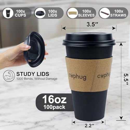 cuphug 16 oz Disposable Coffee Cups with Lids Sleeves and Straws 100 Pack Thickened LeakProof Insulated Paper Cups for Hot Drinks Home Office Cafe Party - Image 3