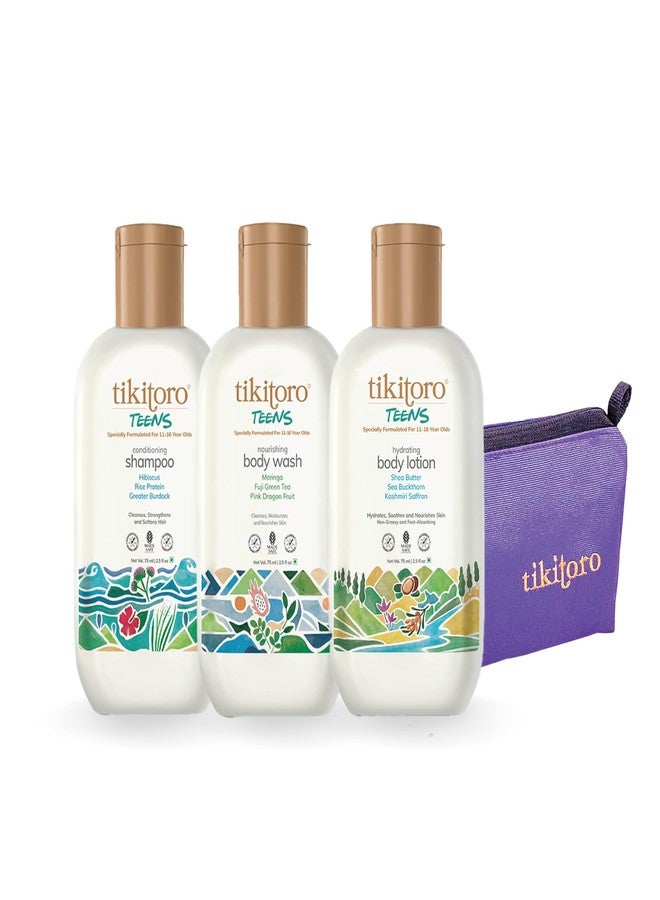 Tikitoro Teens Travel Kit With Nourishing Body Wash, Hydrating Body Lotion, Conditioning Shampoo and a Travel Pouch, Gifting Set For Children (11-16 years) (3 x 75ml) - Image 2