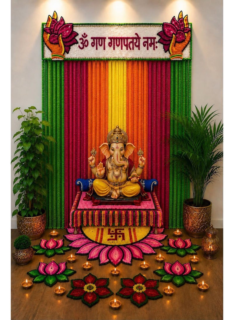 Rajshi Handcrafted Ganpati Decoration Backdrop Set – Colorful Beaded Mandap with Floral Rangoli & Festive Diya Decor - Image 1