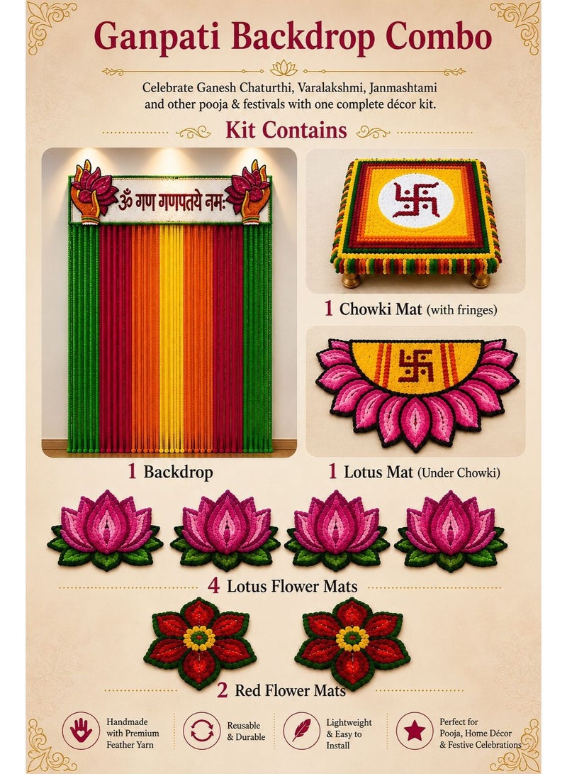 Rajshi Handcrafted Ganpati Decoration Backdrop Set – Colorful Beaded Mandap with Floral Rangoli & Festive Diya Decor - Image 2