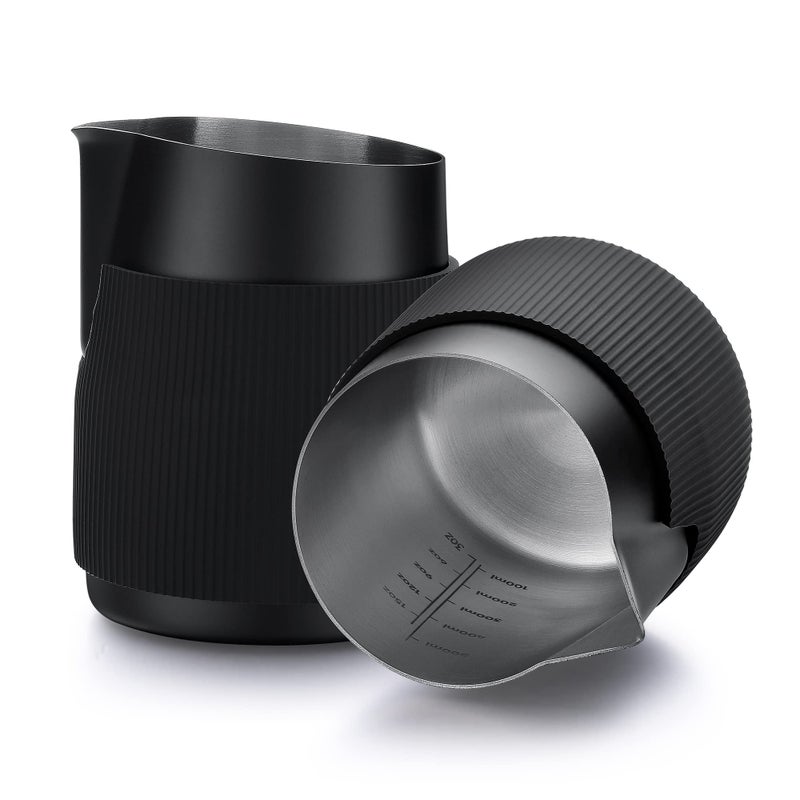 إبريق حليب بدون مقبض من نورمكور مع فوهة حادة إبريق بخار إسبريسو 188 من الفولاذ المقاوم للصدأ سعة 203 أونصة 600 مل باللون الأسود غير اللاصق