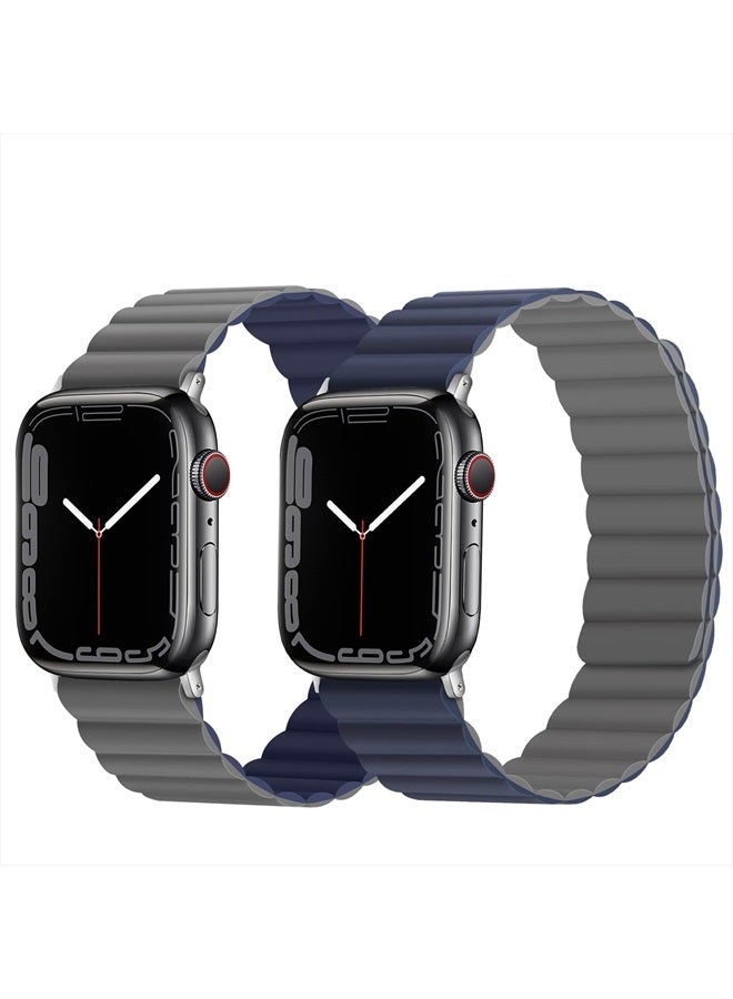 Anlinser Magnetic Bands Compatible with Apple Watch Band 45mm 44mm 42mm 41mm 40mm 38mm, Women Men Double Side Reversible Strap for iWatch Series 8/7/6/5/4/3/2/1/SE (42mm/44mm/45mm, Dark Blue/Gray) - Image 2