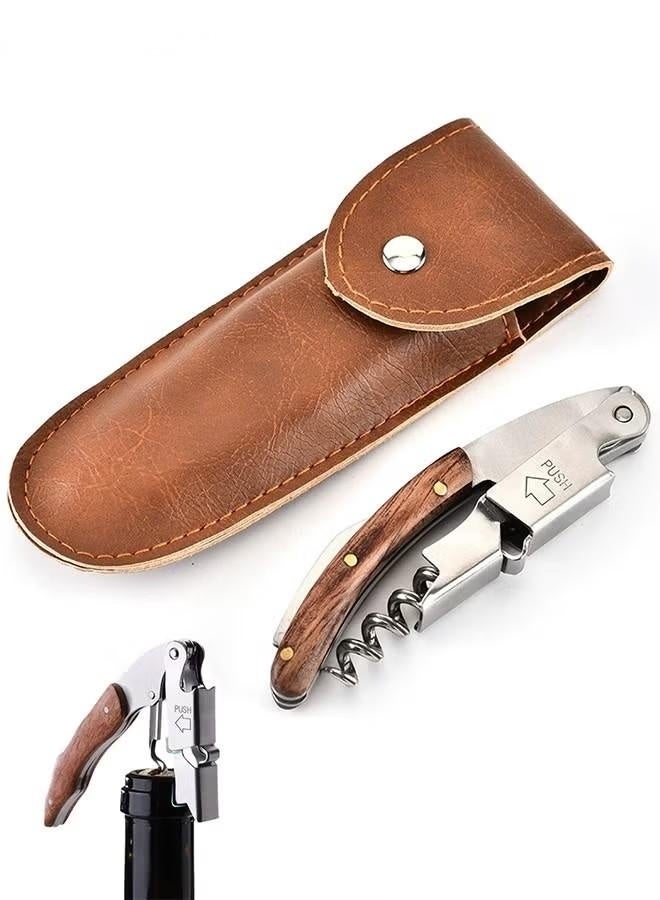 Wine Opener, with Leather Pouch, Wood Handle Double-Hinged Stainless, Steel Screw Beer Bottle Corkscrew - Image 1