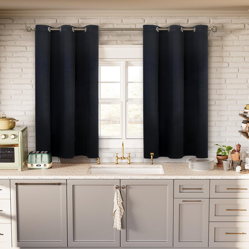 BGment بئسة ستائر سوداء قصيرة للخلع للنوافذ الصغيرة 38 × 45 بوصة مجموعة الطبقة المعزولة الحرارية من 2 لوحات من أشعة الشمس لحظر الستائر لغرفة نوم المطبخ - Image 2