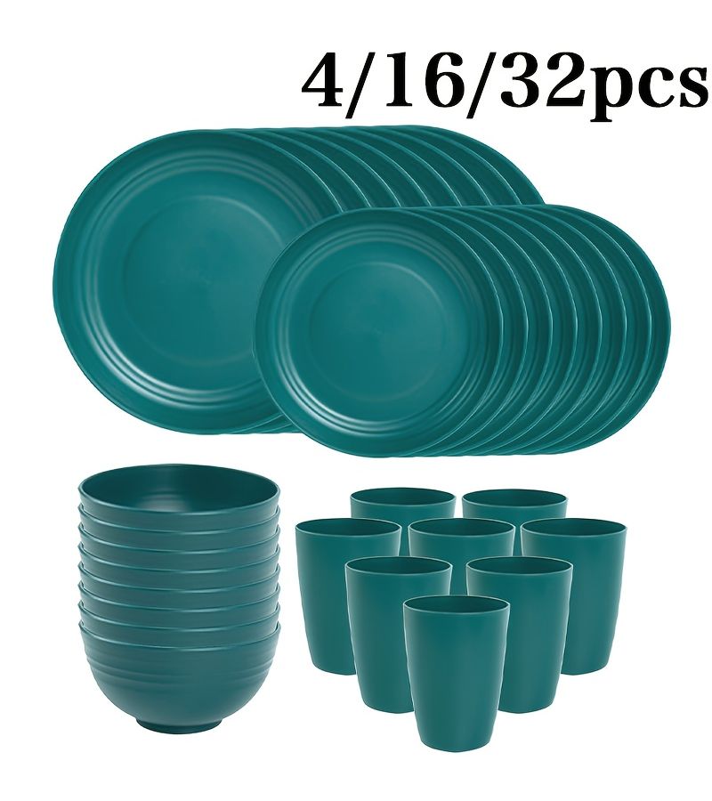 4pcs Unbreakable Dinner Plate Set Dark Green Plastic Wheat Straw Tableware Microwave And Dishwasher Safe Reusable Cup Bowl And Plate Combo - Image 1