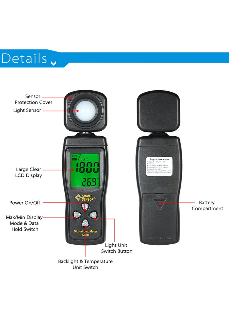 Generic AS803 Handheld Digital Lux Meter 0-200,000 Lux Light Meter with Auto/Manual Range, LCD Backlight, MAX/MIN/Data Hold, FC/Lux Units, Photometer for Indoor/Outdoor Lighting Measurement  - Image 3