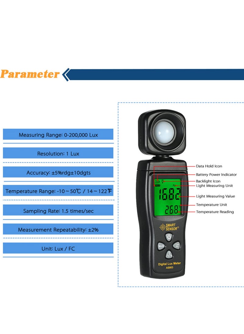 Generic AS803 Handheld Digital Lux Meter 0-200,000 Lux Light Meter with Auto/Manual Range, LCD Backlight, MAX/MIN/Data Hold, FC/Lux Units, Photometer for Indoor/Outdoor Lighting Measurement  - Image 5