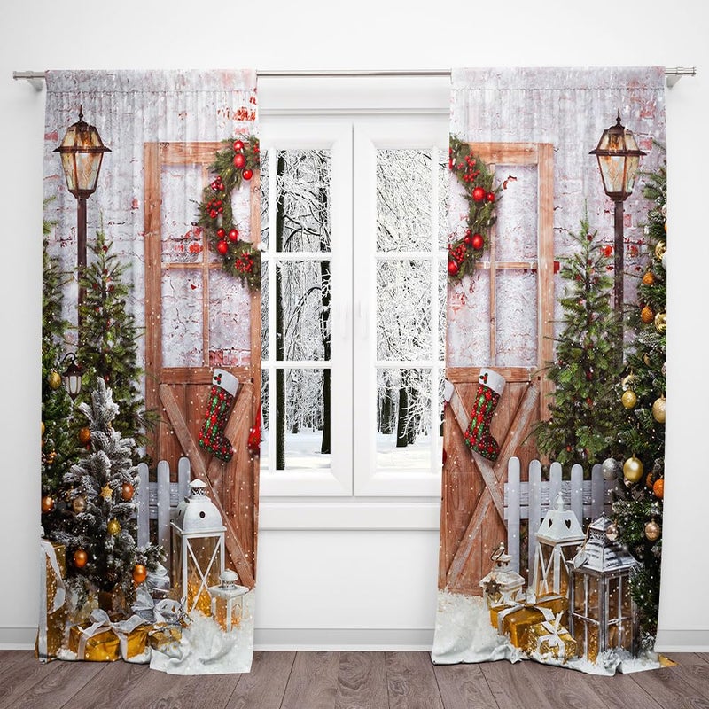 DOTOOMA 82x84 Inches Christmas White Wooden Door Window Curtain Farmhouse Winter Xmas Trees Gift Bedroom Bedroom Living Room Nursery Curtain Drapes Fabric 2 Panels - Image 2