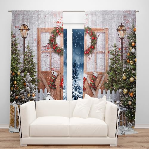 DOTOOMA 82x84 Inches Christmas White Wooden Door Window Curtain Farmhouse Winter Xmas Trees Gift Bedroom Bedroom Living Room Nursery Curtain Drapes Fabric 2 Panels - Image 3