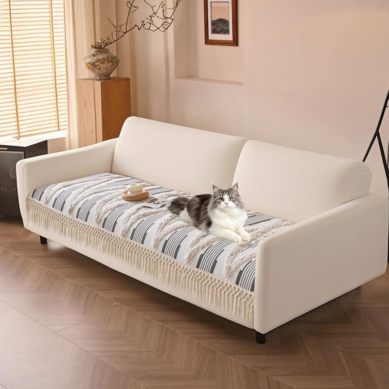 VC Life VClife Dog Couch Cover Cotton Linen Tufted Sofa Covers with Tassel, Dog Sofa Cover for 2 Cushion Couch Sofa Non Slip Sofa Cover for Living Room, 35.4x63 inch - Image 1