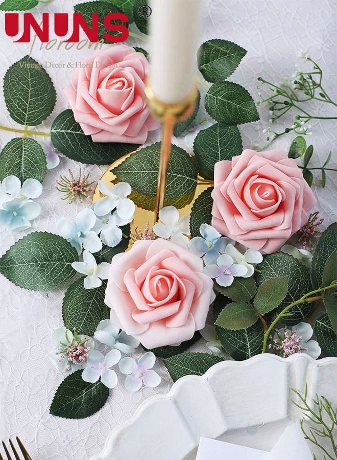 UNUNS 25-Piece Artificial Flowers Roses,Champagne Powder Fake Roses For DIY Wedding Bouquets Party Home Decor,Foam Artificial Roses With Stems And Leaves,Wedding Gift  - Image 4