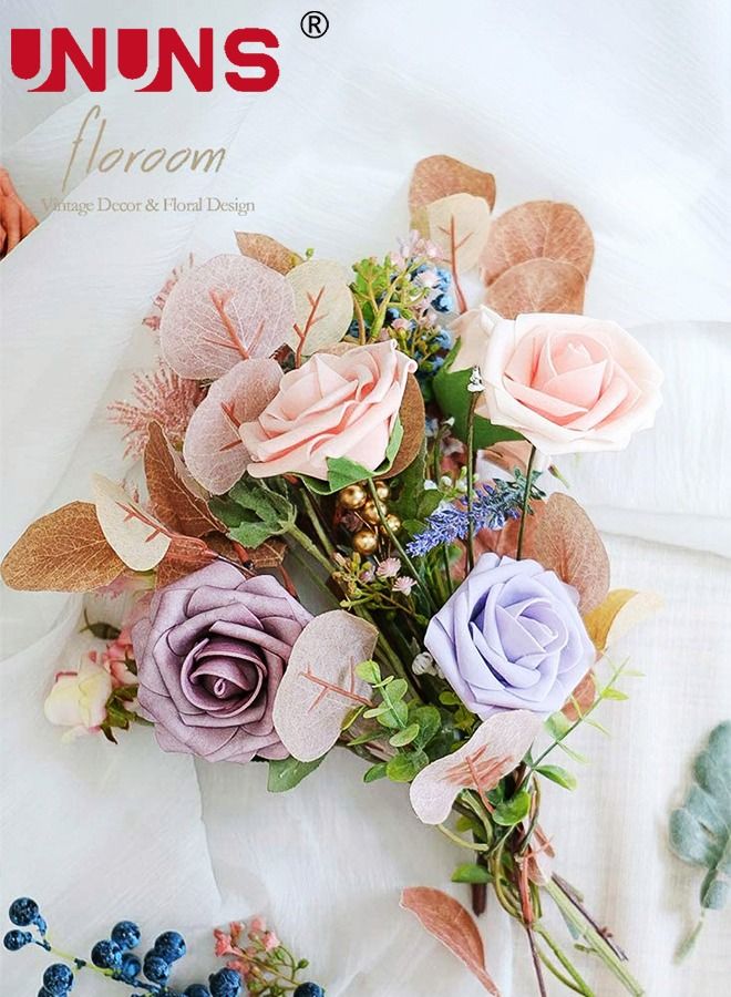UNUNS 25-Piece Artificial Flowers Roses,Champagne Powder Fake Roses For DIY Wedding Bouquets Party Home Decor,Foam Artificial Roses With Stems And Leaves,Wedding Gift  - Image 3
