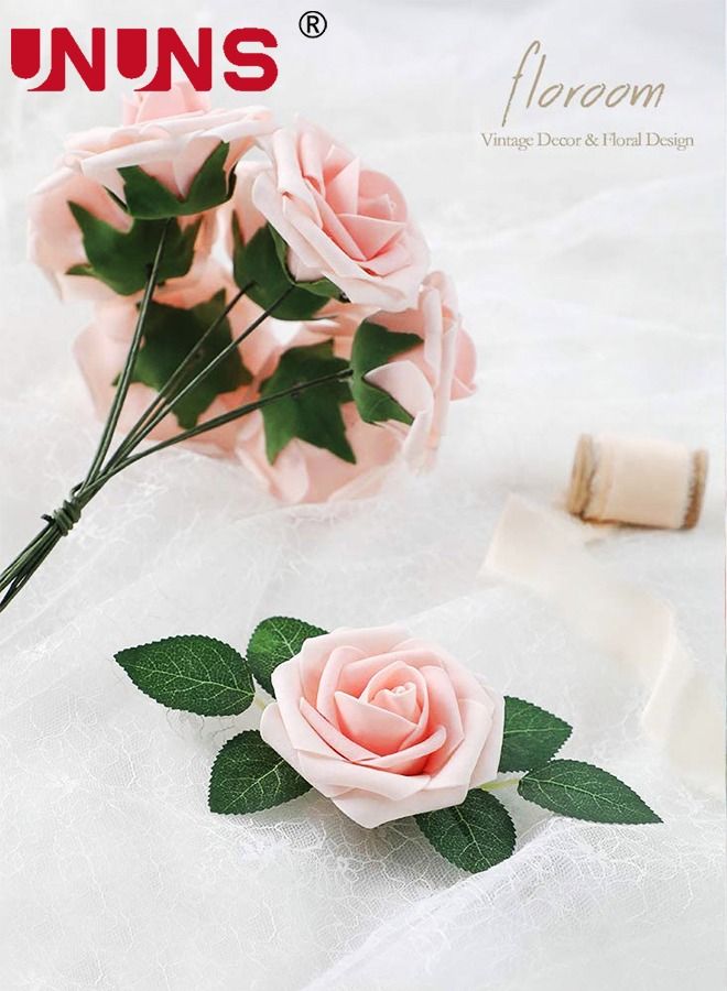 UNUNS 25-Piece Artificial Flowers Roses,Champagne Powder Fake Roses For DIY Wedding Bouquets Party Home Decor,Foam Artificial Roses With Stems And Leaves,Wedding Gift  - Image 2