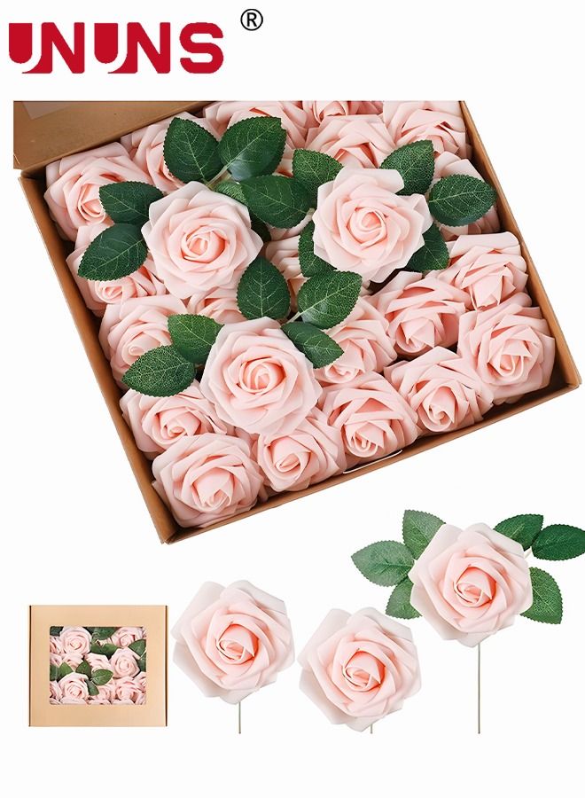 UNUNS 25-Piece Artificial Flowers Roses,Champagne Powder Fake Roses For DIY Wedding Bouquets Party Home Decor,Foam Artificial Roses With Stems And Leaves,Wedding Gift  - Image 1