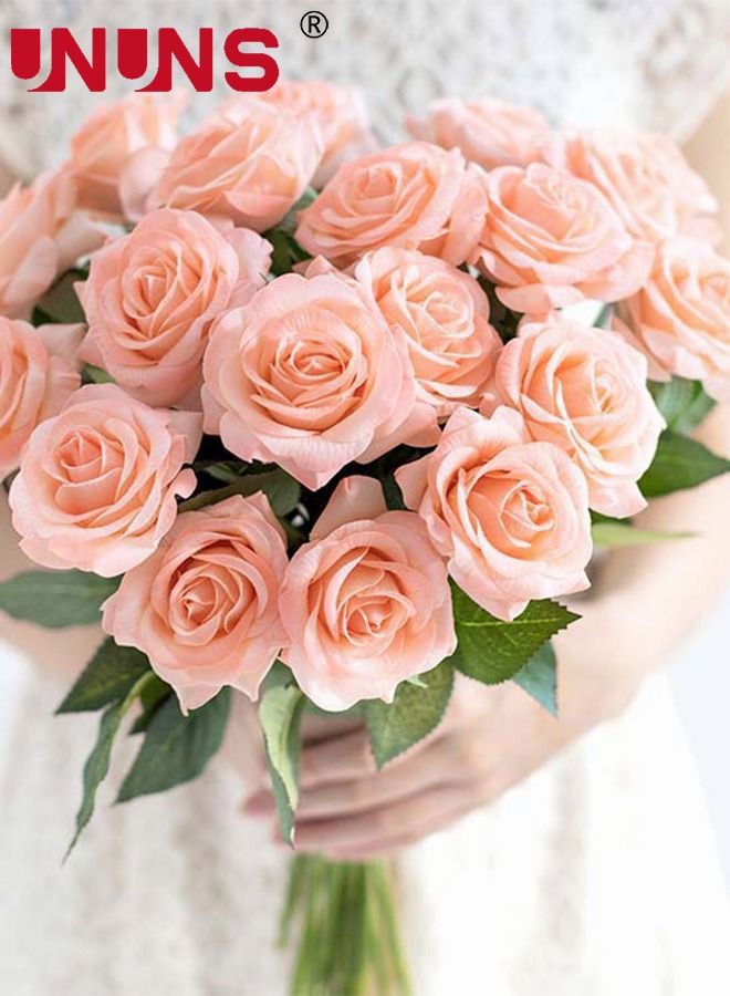 25-Piece Artificial Flowers Roses,Champagne Powder Fake Roses For DIY Wedding Bouquets Party Home Decor,Foam Artificial Roses With Stems And Leaves,Wedding Gift