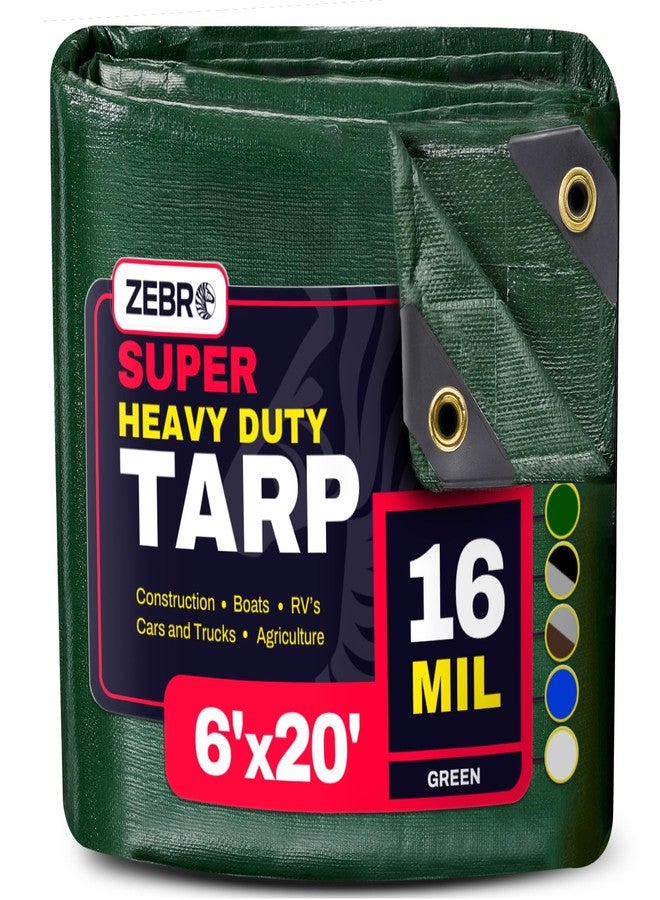 ZEBRO 6' x 20' Green Heavy Duty Tarp with Grommets Reinforced - 16 Mil Thick - Double Sided Plastic Tarps Waterproof - Large Tarpaulin Cover for Outdoor Camping Over/Under Tent Tarp RV Roof Rain - Zebro - Image 1