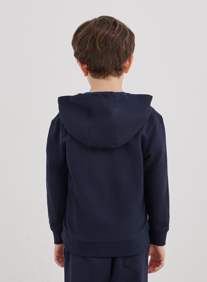 Styli School Uniform Navy Blue Cotton Full Zip Hoodie with Pocket - Image 5