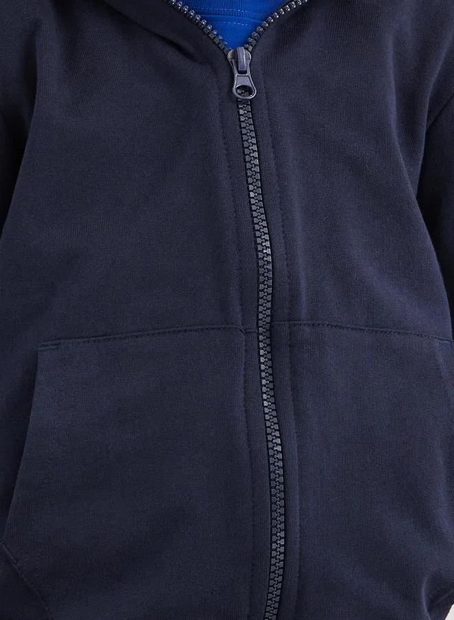 Styli Styli School Uniform Navy Blue Cotton Full Zip Hoodie with Pocket