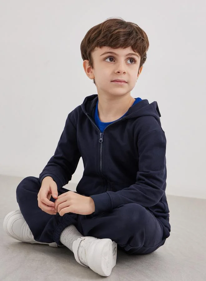 Styli Navy Blue Cotton Full Zip Hoodie with Pocket