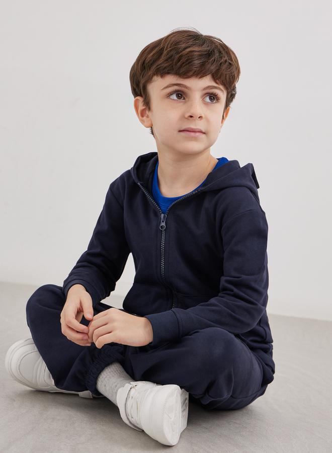 Styli Navy Blue Cotton Full Zip Hoodie with Pocket - Image 2