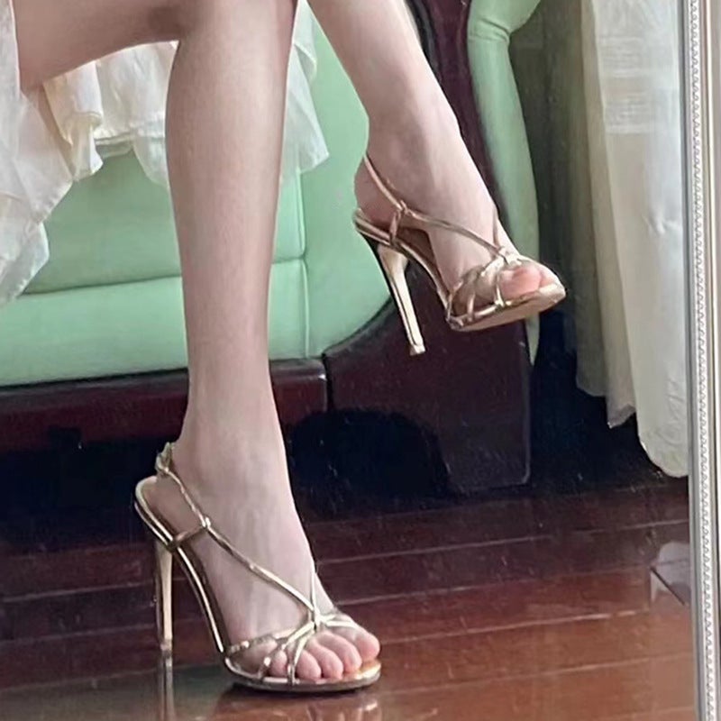 Golden Sandals ~ Huge Feet White Super Beautiful!! Elegant Goddess Open Toe Strap Crossover Sandals Stiletto Heel Heel - Image 4