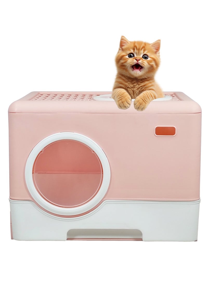 MAJIBAO Fully Enclosed cat litter box with Drawer, Litter scoop, and Sand filter holes, Anti-splashing cat toilet for indoor cats, Foldable cat litter box with Front entry and Top exit 52 cm (Pink)  - Image 1