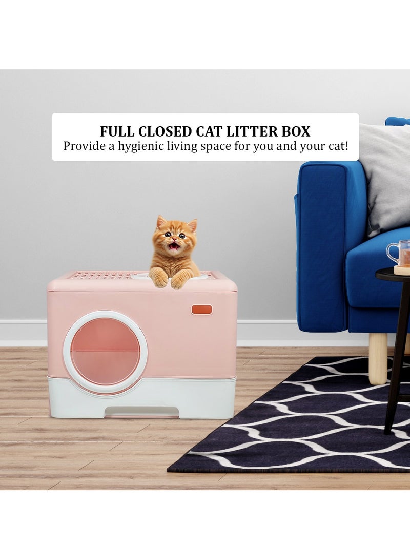 MAJIBAO Fully Enclosed cat litter box with Drawer, Litter scoop, and Sand filter holes, Anti-splashing cat toilet for indoor cats, Foldable cat litter box with Front entry and Top exit 52 cm (Pink)  - Image 5