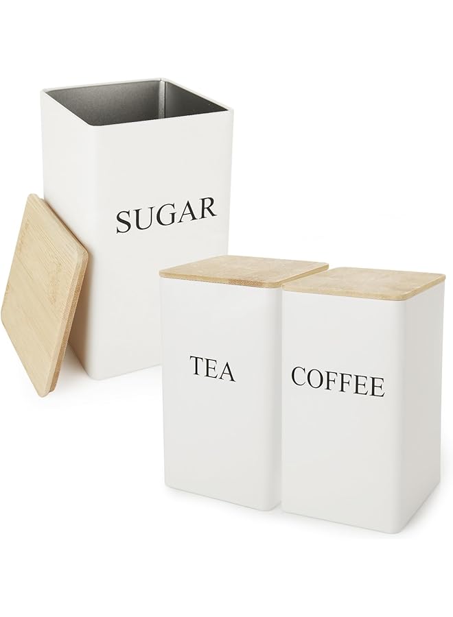 Green Tiger Tea Coffee Sugar Canisters, Metal Storage Container Jar with Bamboo Lids, Perfect Sugar Tea Coffee Set Organiser, Portable Small Airtight Container Bottle for Beans Granules Teabag Sugar, 3Pcs (White) - Image 1