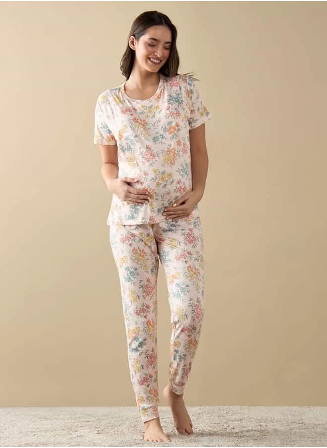 FAV All-Over Floral Print Nursing T-shirt and Pyjama Set