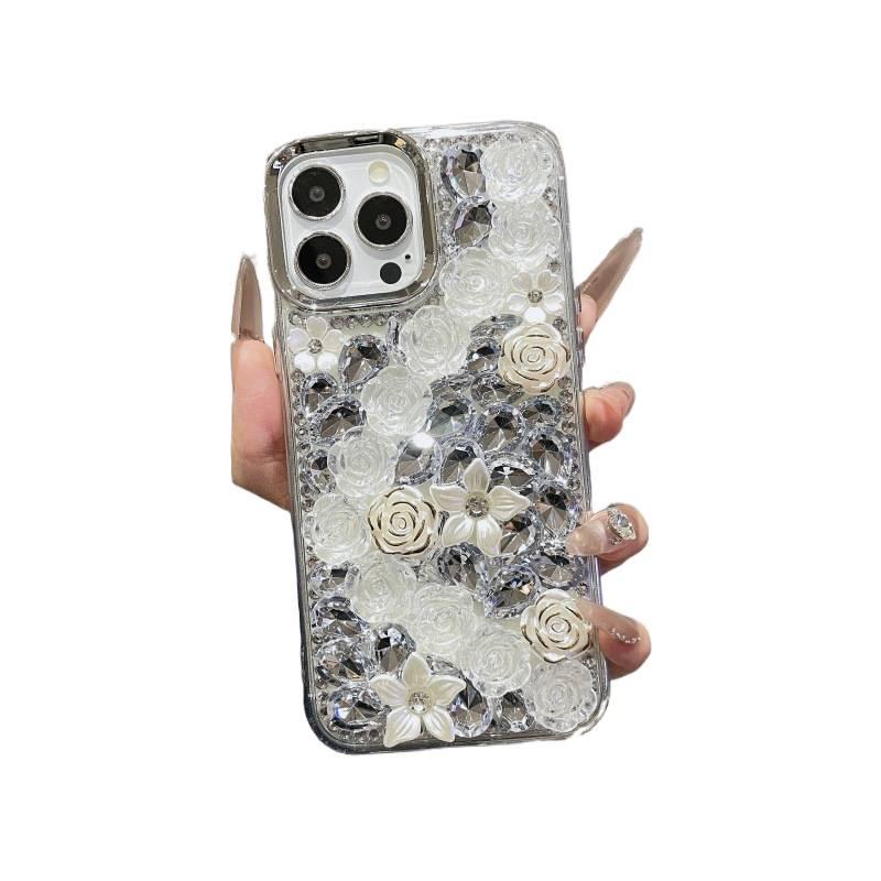 غطاء واقي، نقش وردة، Electroplated Frame with Flowers and Full Diamonds TPU، لـ iPhone 11 Pro، عنصر سلسلة بتصميم زهري من مادة TPU للسفر للمكتب خفيف الحمل - Image 1