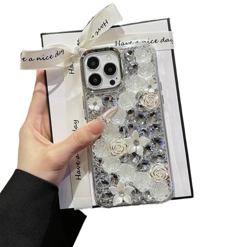غطاء واقي، نقش وردة، Electroplated Frame with Flowers and Full Diamonds TPU، لـ iPhone 11 Pro، عنصر سلسلة بتصميم زهري من مادة TPU للسفر للمكتب خفيف الحمل - Image 4
