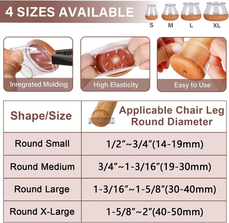 YOZON Chair Leg Floor Protectors Round Chair Leg Protectors for Hardwood Floors Silicone Caps Felt Furniture Pads Covers Anti-Scratch Reduce Noise 32 Pack Clear Round X-Large Fit 1-5/8" to 2" (40-50mm) - Image 3