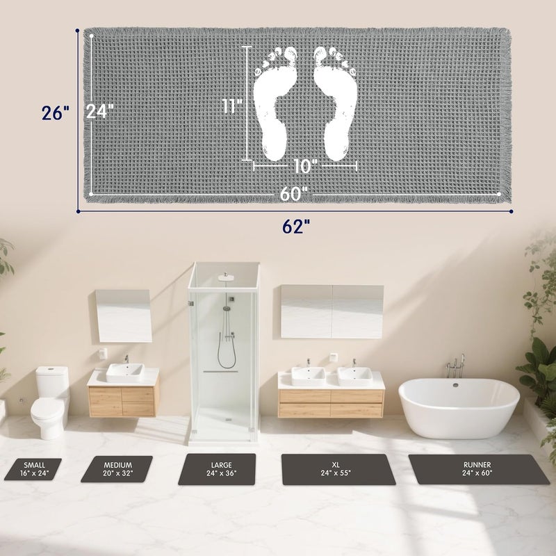 subrtex Waffle Braided Bath Mat, 24" x 60" Soft Waffle Bath Rugs, Absorbent Non Slip Bathrooom Mats, Machine Washable Area Rug for Bathroom, Quick Dry, Gray - Image 2