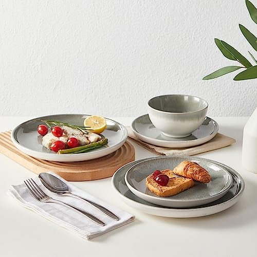 Pokini Gradient Green Stoneware Dinnerware Sets, 12 pcs Reactive Glaze Plates and Bowls Sets, Handmade Ceramic Round Dishes Set for 4, Highly Chip and Crack Resistant Modern Plate Set - Image 5