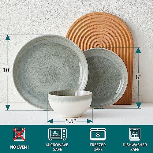 Pokini Gradient Green Stoneware Dinnerware Sets, 12 pcs Reactive Glaze Plates and Bowls Sets, Handmade Ceramic Round Dishes Set for 4, Highly Chip and Crack Resistant Modern Plate Set - Image 2