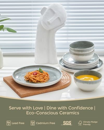 Pokini Gradient Green Stoneware Dinnerware Sets, 12 pcs Reactive Glaze Plates and Bowls Sets, Handmade Ceramic Round Dishes Set for 4, Highly Chip and Crack Resistant Modern Plate Set - Image 3