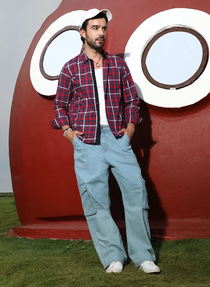 Campus Sutra Campus Sutra Men's Navy Blue & Red Tartan Plaid Shirt For Casual Wear | Spread Collar | Long Sleeve | Button Closure | Cotton Shirt Crafted With Comfort Fit For Everyday Wear