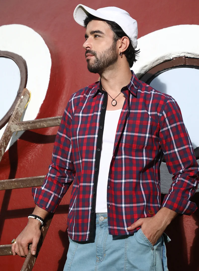 Campus Sutra Campus Sutra Men's Navy Blue & Red Tartan Plaid Shirt For Casual Wear | Spread Collar | Long Sleeve | Button Closure | Cotton Shirt Crafted With Comfort Fit For Everyday Wear