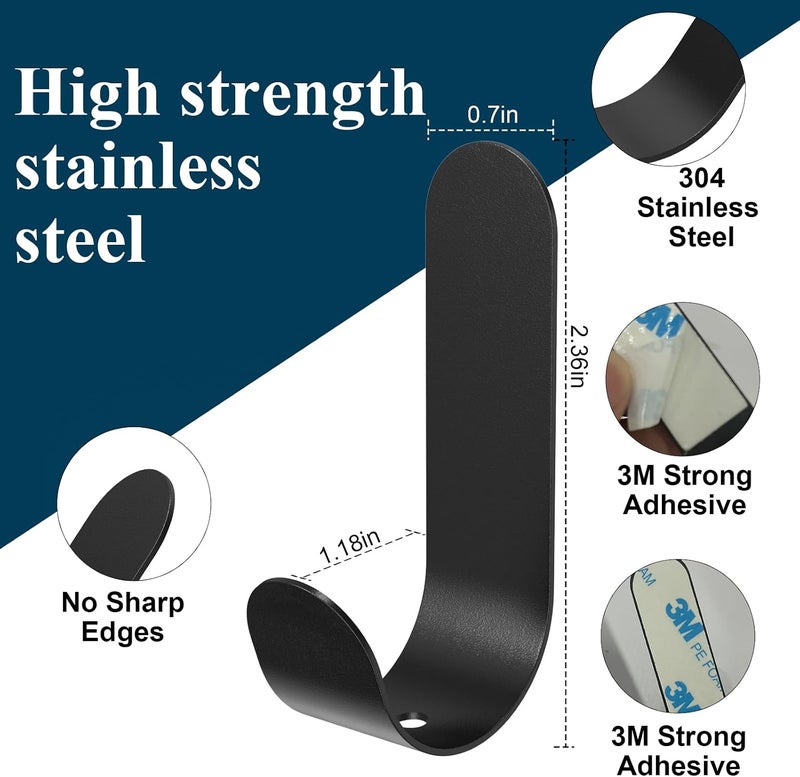 ATDOALL Adhesive Towel Hooks, 20 PCS Stainless Steel Self Adhesive Wall Hooks, Black Heavy Duty Shower Hook, Waterproof Oilproof Rustproof for Bathroom, Kitchen, Living Room - Image 4