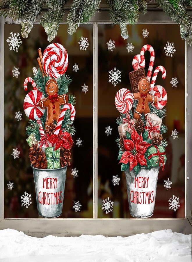 Pawliss Christmas Window Clings Decorations: 2 Sheets Extra Large Red White Peppermint Candy Potted Plant Window Clings, Rustic Farmhouse Candy Cane Gingerbread Decals for Home Office Holiday Décor - Image 1