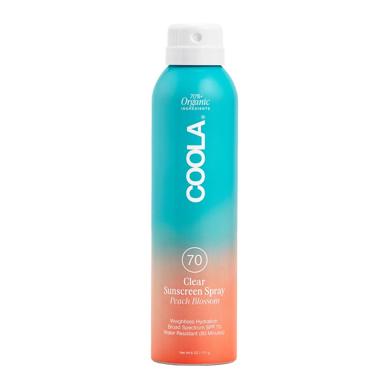 COOLA رذاذ واقي الشمس العضوي COOLA SPF 70، مختبر من قبل أطباء الجلد، للعناية بالبشرة للحماية اليومية، نباتي وخالي من الغلوتين، رائحة زهر الخوخ، 6 أونصات سائلة - Image 1