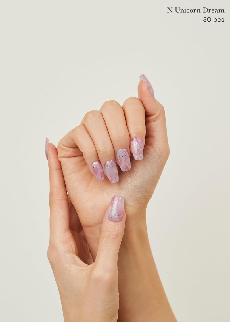 ohora Semi Cured Gel Nail Strips (N Unicorn Dream) - Works with Any Lamps, Salon-Quality, Long Lasting, Easy to Apply & Remove - Includes 2 Prep Pads, Nail File & Wooden Stick - Image 4