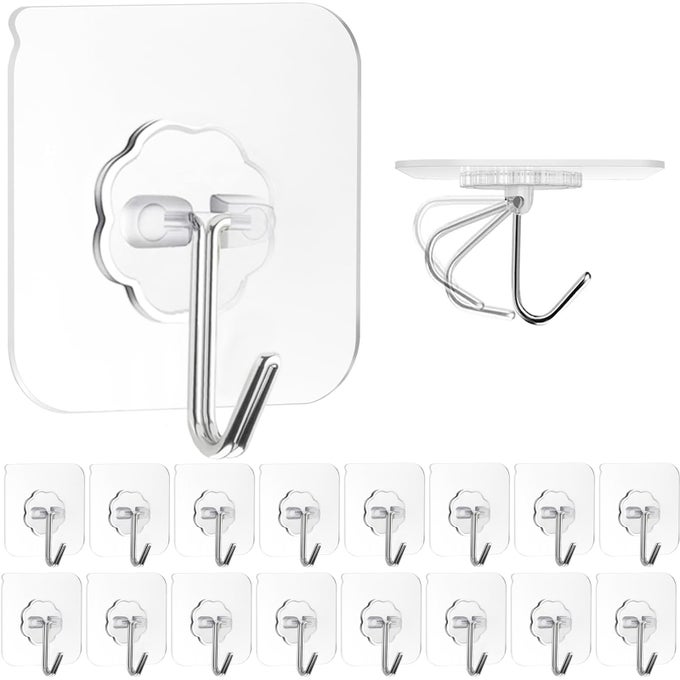 ADHESIVE WALL HOOKS FOR HANGING 16 PACK SELF STICKY HOOKS HEAVY DUTY 22LB CLEAR REMOVABLE SHOWER HOOK NO DAMAGE FOR TOWEL KEY COAT WREATH PICTURE OUTDOOR CEILING BATHROOM KITCHEN WATERPROOF