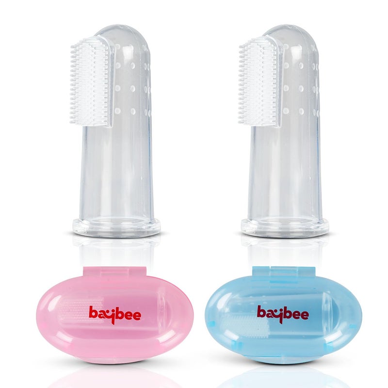 Baybee Silicone Baby Finger Toothbrush, Food Grade Silicone Kids Toothbrush with Case for Easy Cleaning, Soothing Gums & Oral Hygiene | Kids Baby Toothbrush Brush (Pack of 2) (Multi colors) - Image 1