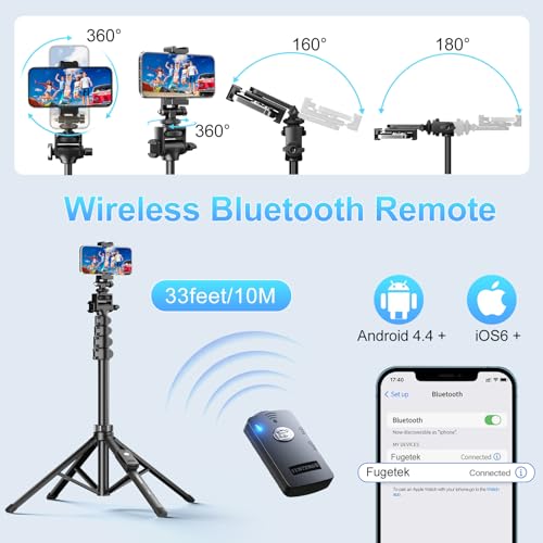 Fugetek 62 Professional Cell Phone Tripod Ultra Stable 4 Leg Design Bluetooth Remote 100 All Aluminum Stick Legs Portable All in One 360 Phone Mount with 2 Cold Shoe Slots Non Skid Feet - Image 3