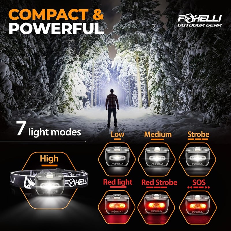 Foxelli LED Headlamp Flashlight for Adults & Kids, Running, Camping, Hiking Head Lamp with White & Red Light, Comfortable Headband, Lightweight & Waterproof, 3 AAA Batteries - Image 3