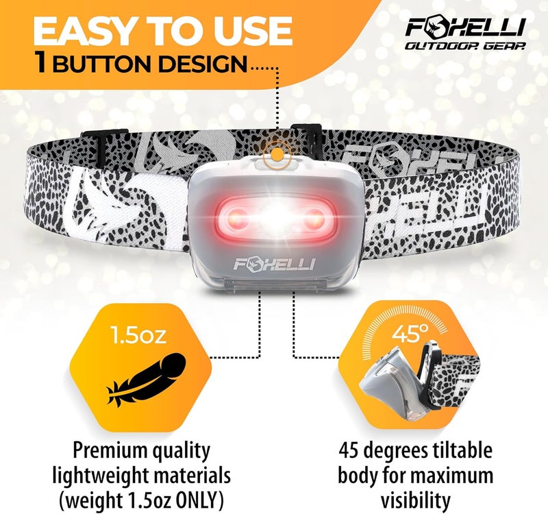 Foxelli LED Headlamp Flashlight for Adults & Kids, Running, Camping, Hiking Head Lamp with White & Red Light, Comfortable Headband, Lightweight & Waterproof, 3 AAA Batteries - Image 2