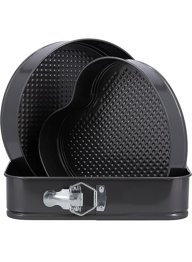 مجموعة 3 قطع سبرينغفورم مستديرة وقلب ومربع - صينية على شكل زنبركي، صينية كيك مستطيلة مع قاعدة قابلة للإزالة مانعة للتسرب ومزلاج سريع التحرير، صينية خبز مستديرة/على شكل قلب - Image 1