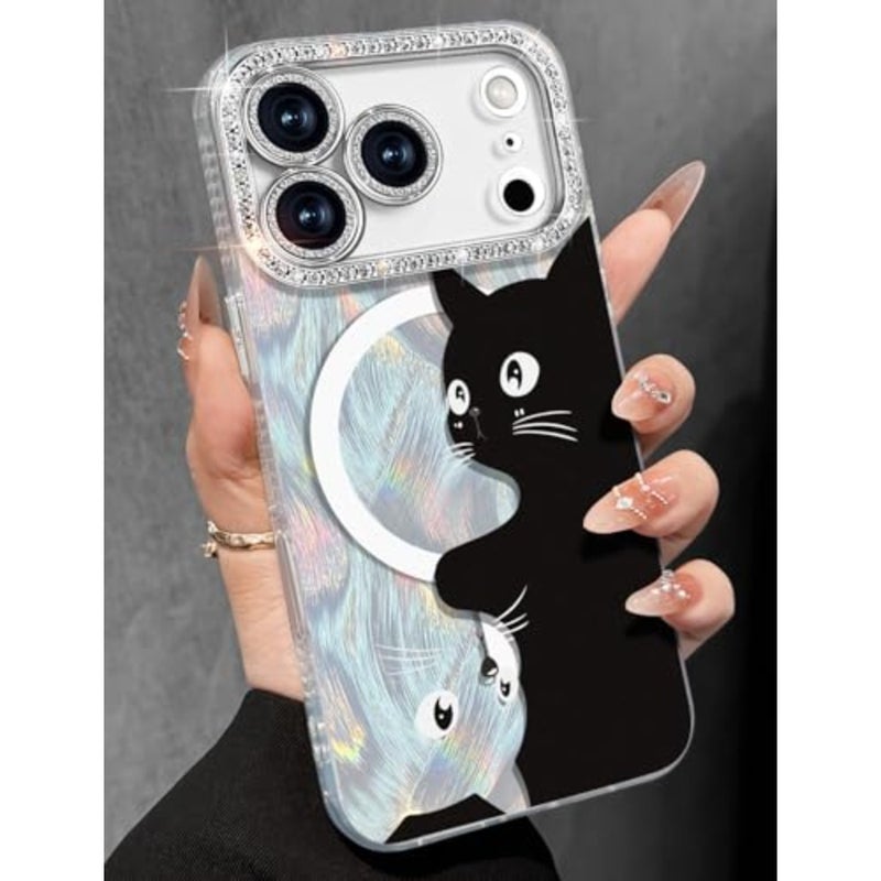 Case - Compatible with Magsafe Women Girls Aesthetic Cute Girly Kawaii Cat Unique Design Bling Lens tector Magenetic Funda Apple Phone Cover - Image 1